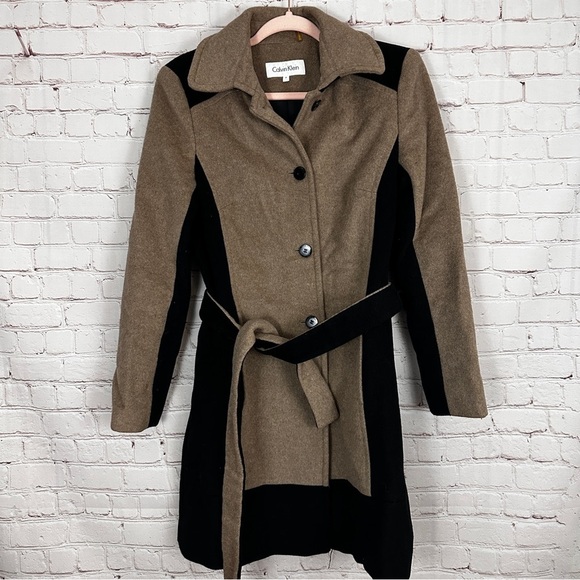 Calvin Klein Beige Black Woolen‎ Coat Size 4 Belted - Picture 1 of 6